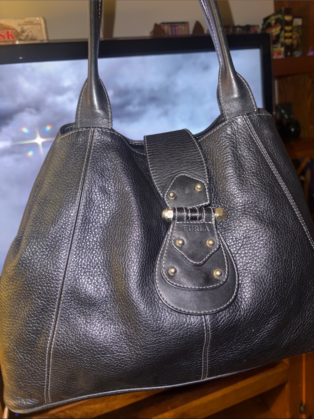 Furla Black Pebbled Leather Shoulder Bag with Brass Accents